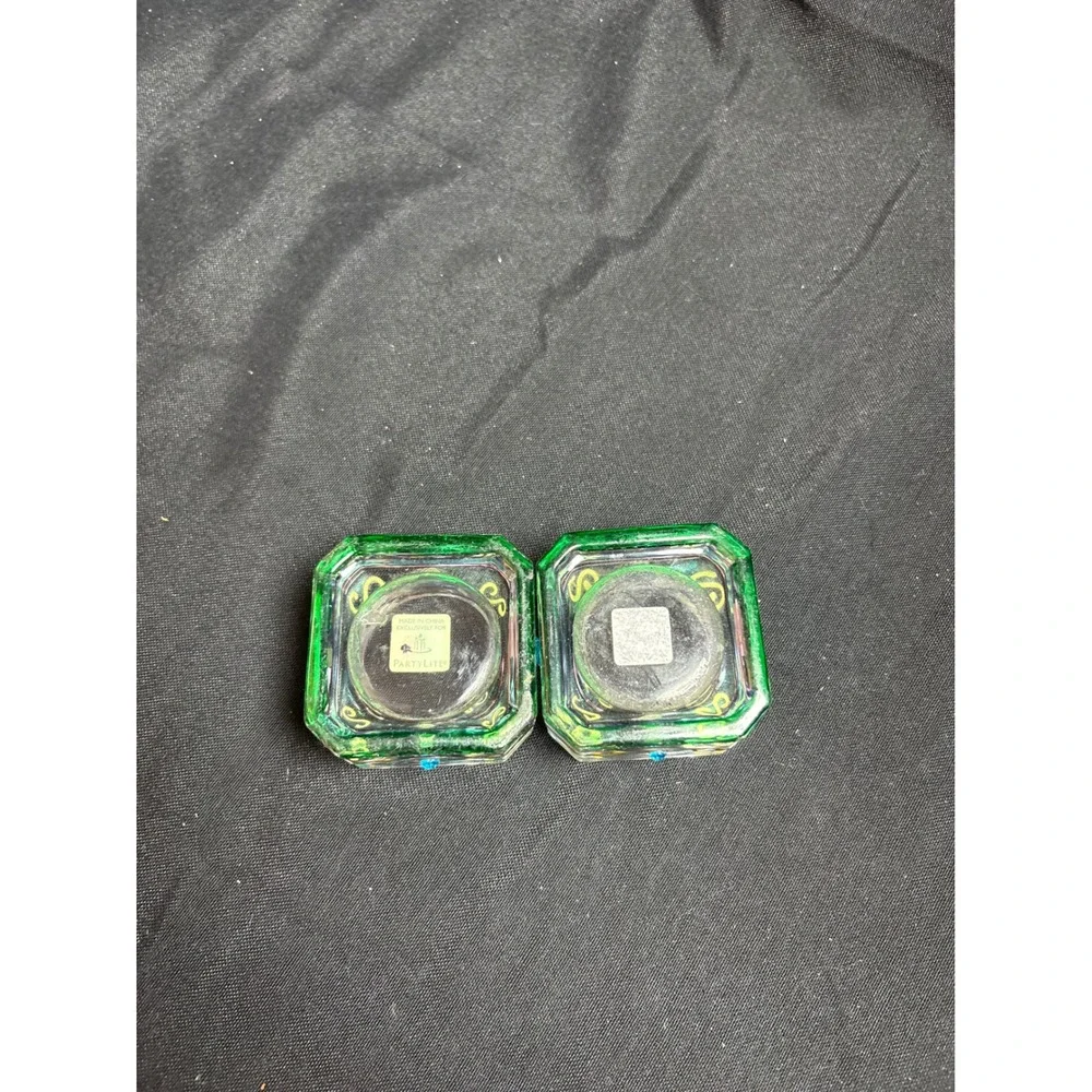 PartyLite Vintage Green Blue Glass Votive Candle Holders Gold Scroll Set of 2 - Picture 3 of 3